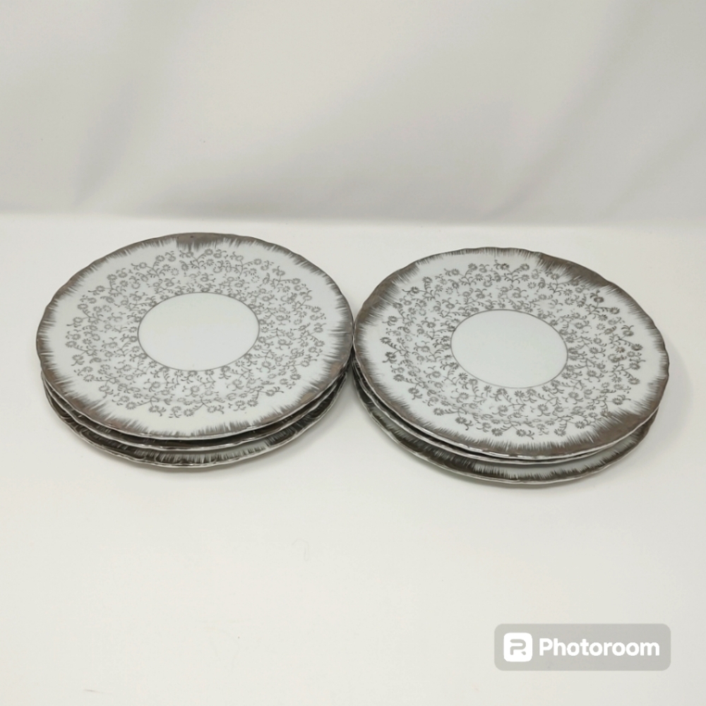 Vintage 6pc Sterling China Salad Plate Set Dessert Snack Silver White MCM Japan